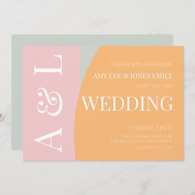 Modern Geometric Pink Mint Bright Wedding  Invitation (Front/Back)