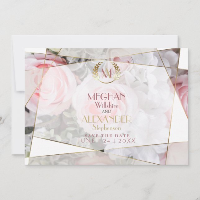 Modern Geometric Pink Rose Wedding  Save the Date (Front)