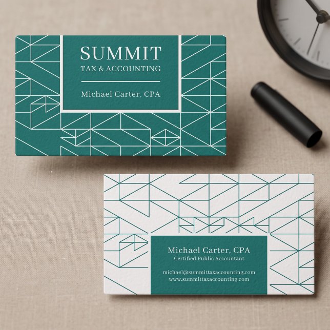Modern Geometric Professional Design Business Card (Simulated business cards on table)