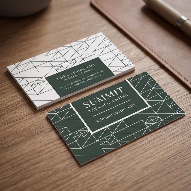 Modern Geometric Professional Design Business Card (Simulated business cards on table)