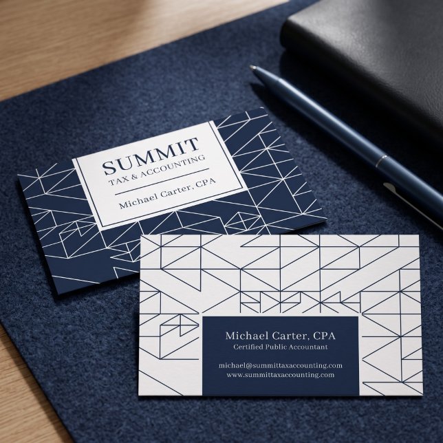 Modern Geometric Professional Design Business Card (Simulated business cards on table)