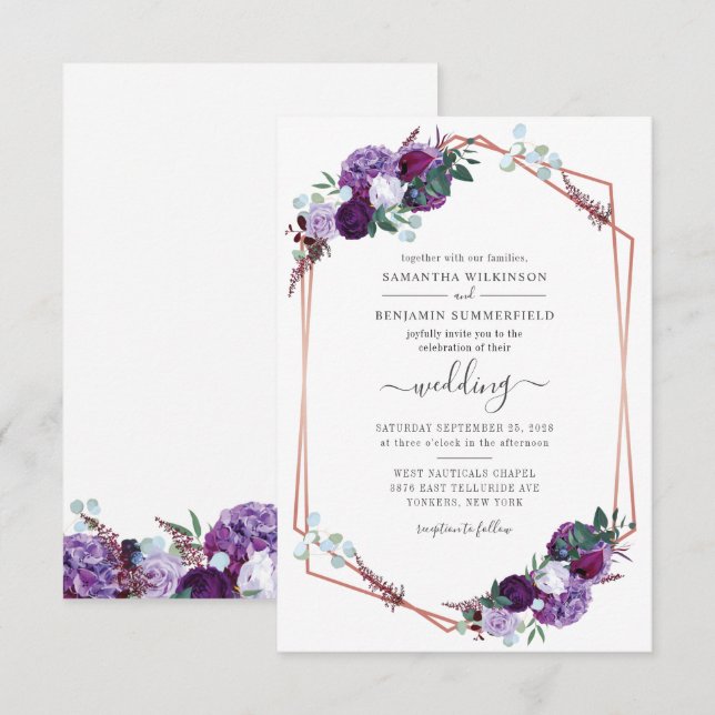 Modern Geometric Purple Botanical Greenery Wedding Invitation (Front/Back)