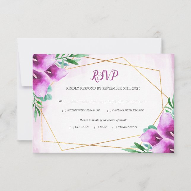 Modern Geometric Purple Calla Lily Wedding Meal RSVP Card (Front)