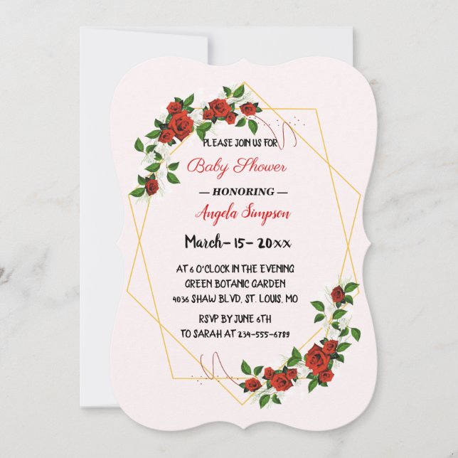 Modern Geometric  Red Floral-glitter Baby-shower Invitation (Front)