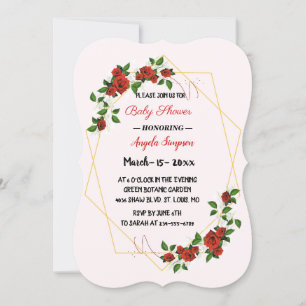 Modern Geometric  Red Floral-glitter Baby-shower Invitation