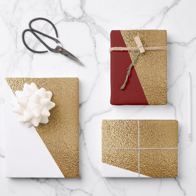 Modern Geometric Red Gold White Christmas Wrapping Paper Sheet (Front)