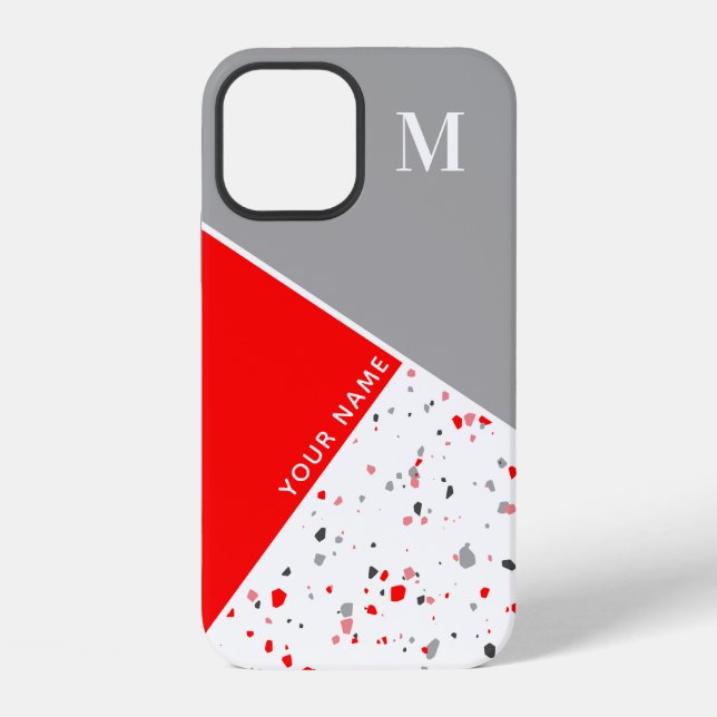 Modern Geometric Red Grey Terrazzo Monogram iPhone Case (Back)