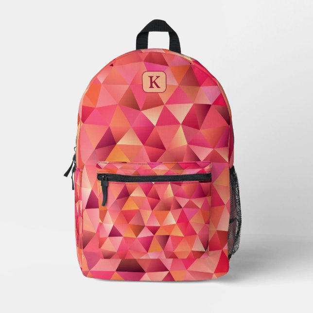 Modern Geometric Red Orange Pink Monogram Printed Backpack (Front)