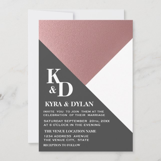 Modern Geometric Rose Gold & Charcoal Grey Wedding Invitation (Front)