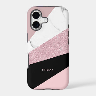 Modern geometric rose gold glitter white marble