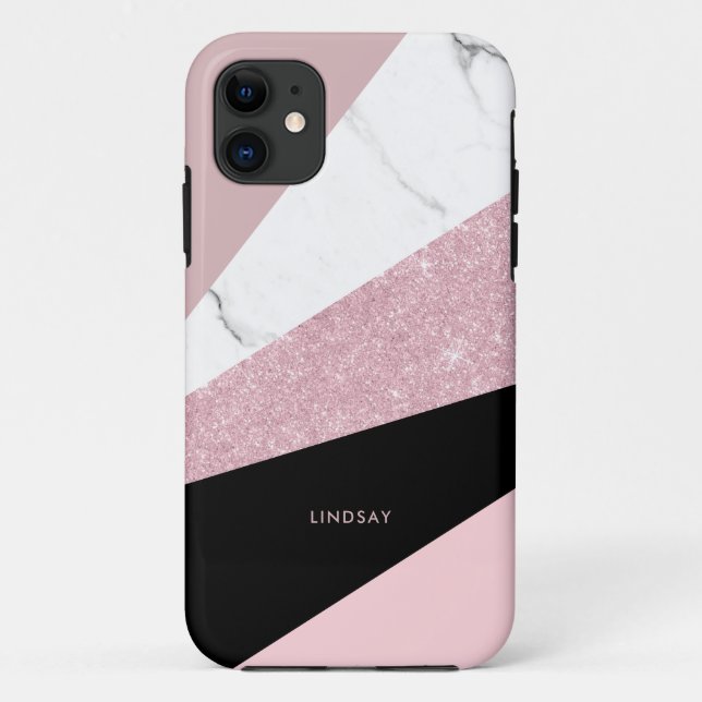 Modern geometric rose gold glitter white marble  Case-Mate iPhone case (Back)