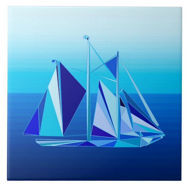 Modern Geometric Sailboat / Yacht, Cobalt Blue Tile (Front)