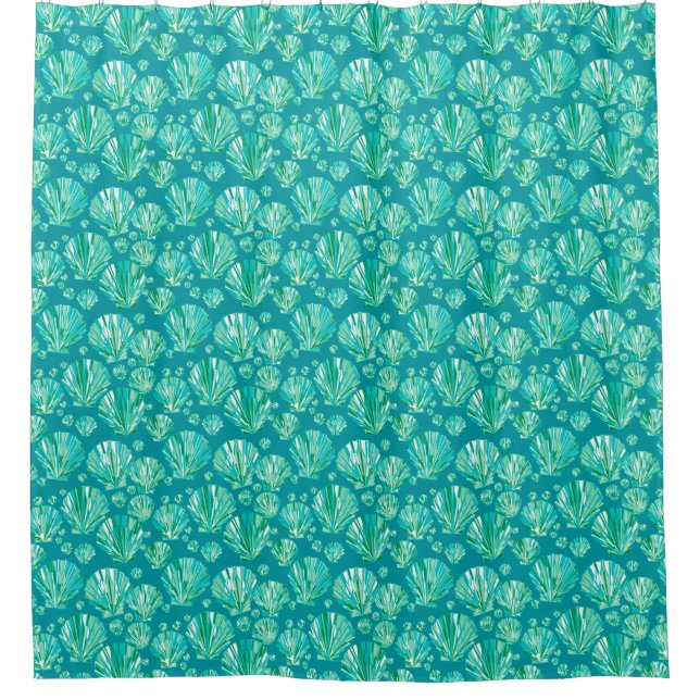 Modern Geometric Seashells, Aqua and Turquoise Shower Curtain (Front)