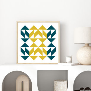 Modern Geometric Shapes Art in Blue and Yellow Poster