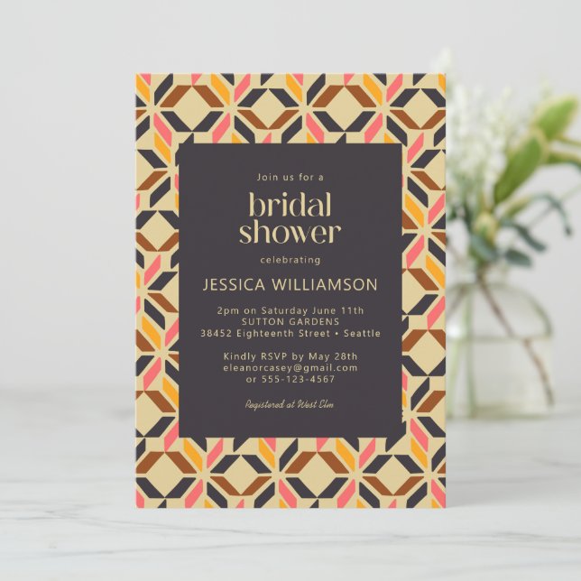 Modern Geometric Shapes Black Yellow Bridal Shower Invitation (Standing Front)