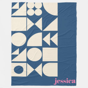Modern Geometric Shapes Blue Monogram Name Fleece Blanket