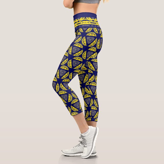Modern Geometric Shapes Blue Yellow Pattern  Capri Leggings (Left)