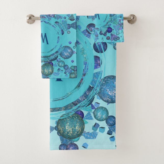 Modern geometric shapes with monogram in blue bath towel set (Insitu)