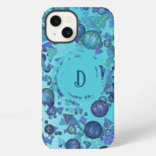Modern geometric shapes with monogram in blue iPhone 13 case