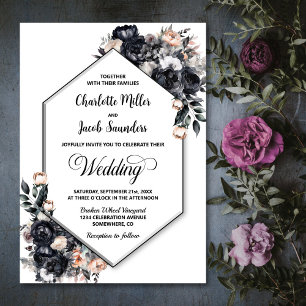 Modern Geometric Smokey Black Floral Wedding Invitation