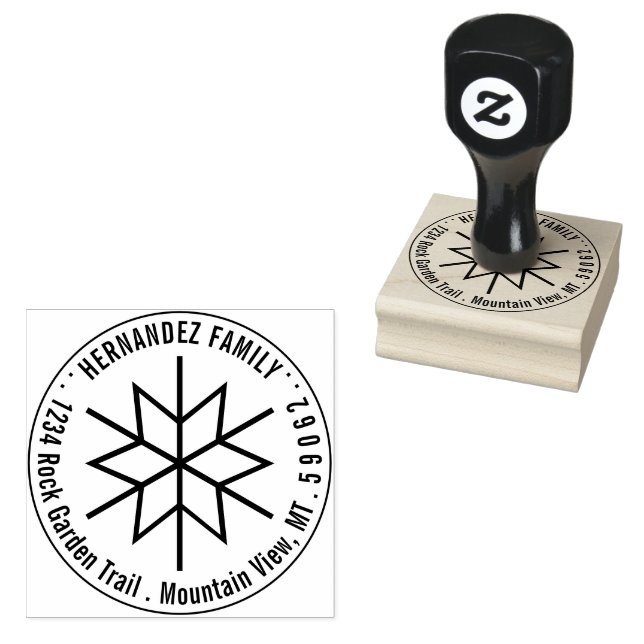 Modern Geometric Snowflake Return Address Round Rubber Stamp (Stamped)