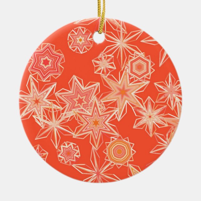 Modern Geometric Snowflakes, Mandarin Orange Ceramic Tree Decoration (Front)