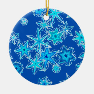 Modern Geometric Snowflakes, Sapphire Blue Ceramic Tree Decoration