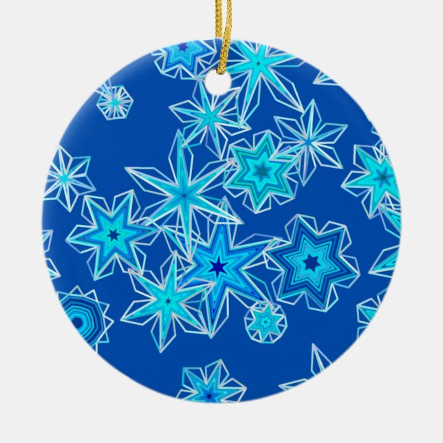 Modern Geometric Snowflakes, Sapphire Blue Ceramic Tree Decoration (Front)