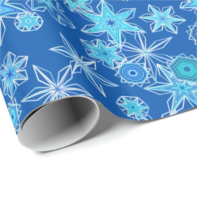 Modern Geometric Snowflakes, Sapphire Blue Wrapping Paper (Roll Corner)