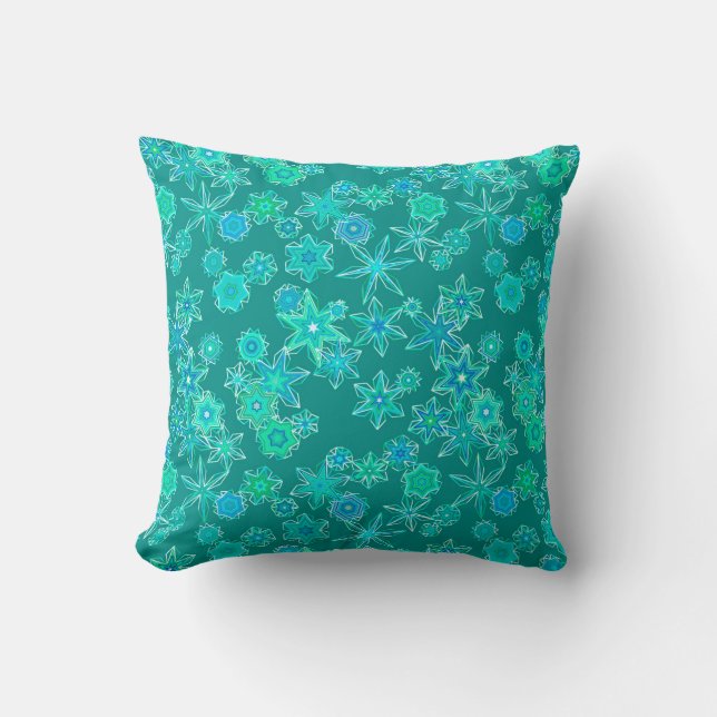 Modern Geometric Snowflakes, Turquoise and Aqua Cushion (Front)