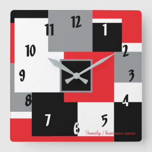 Modern Geometric Square Shapes Red Black White Wall Clock