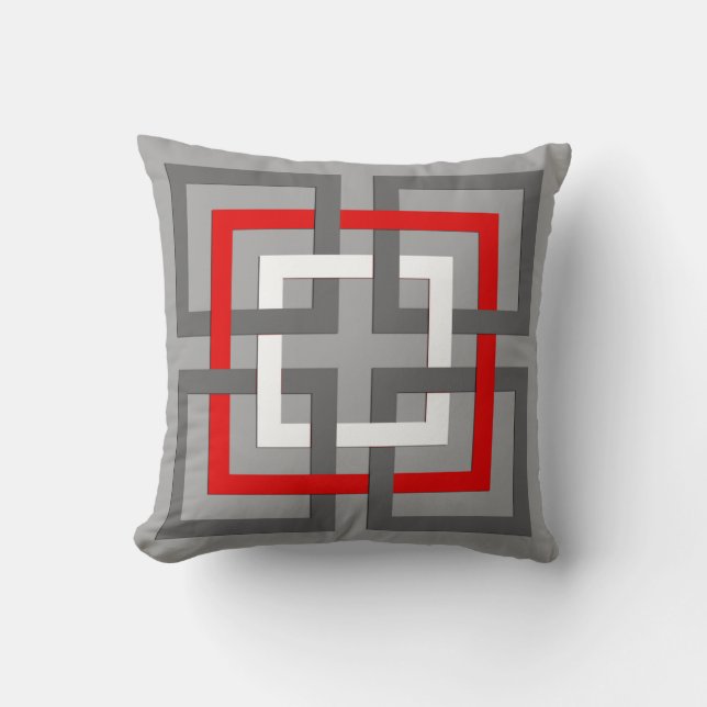 Modern Geometric Squares, Grey, Red and White Cushion (Front)