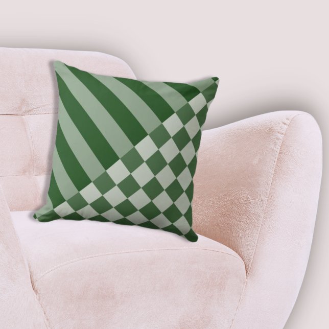 Modern Geometric Stripe & Chequered Forest-Green Cushion (Modern Geometric Stripe & Checker Forest-Green Throw Pillow)