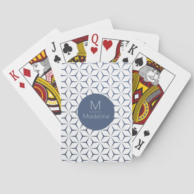 Modern geometric stylish blue and white monogram playing cards (Back)