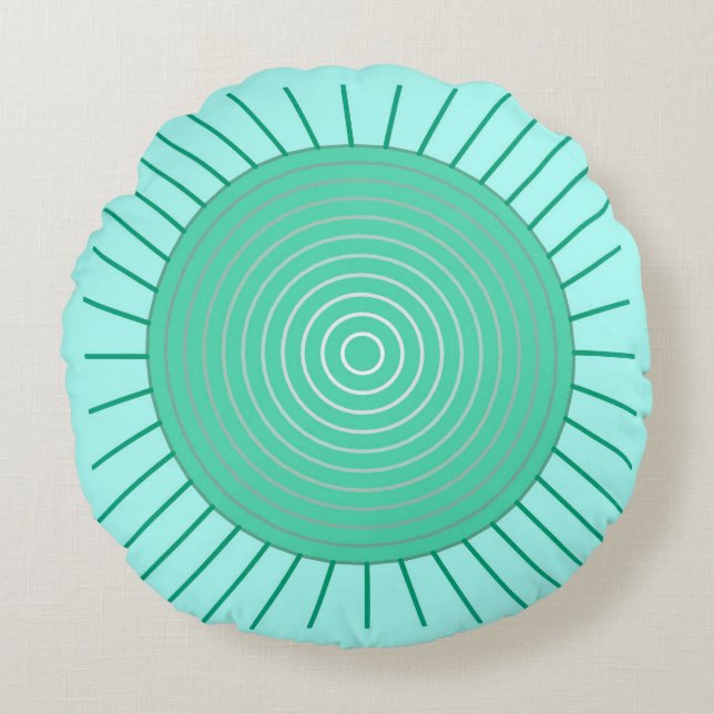 Modern Geometric Sunburst - Aqua and Seafoam Green Round Cushion (Front)