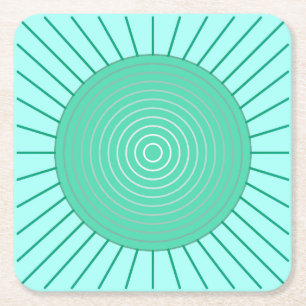 Modern Geometric Sunburst - Aqua and Seafoam Green Square Paper Coaster