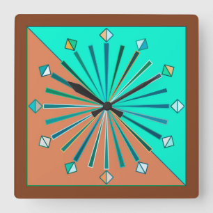 Modern Geometric Sunburst, Aqua & Chocolate Brown Square Wall Clock