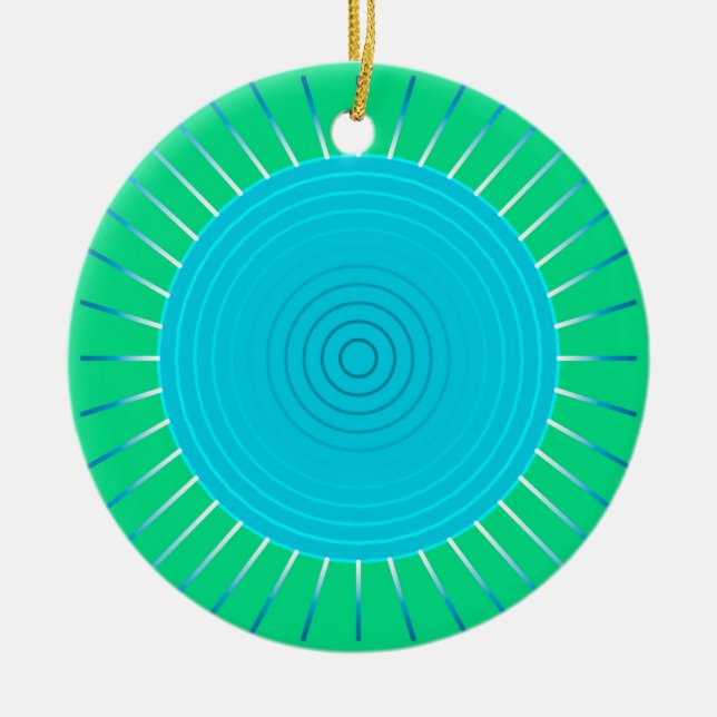Modern Geometric Sunburst - Blue and Jade Green Ceramic Tree Decoration (Front)