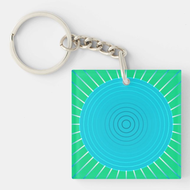 Modern Geometric Sunburst - Blue and Jade Green Key Ring (Front)