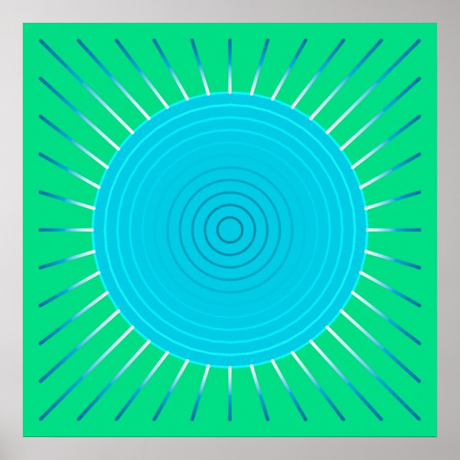 Modern Geometric Sunburst - Blue and Jade Green Poster (Front)
