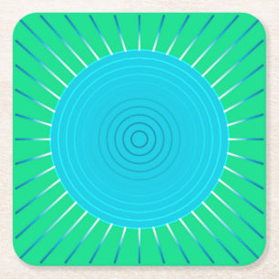 Modern Geometric Sunburst - Blue and Jade Green Square Paper Coaster