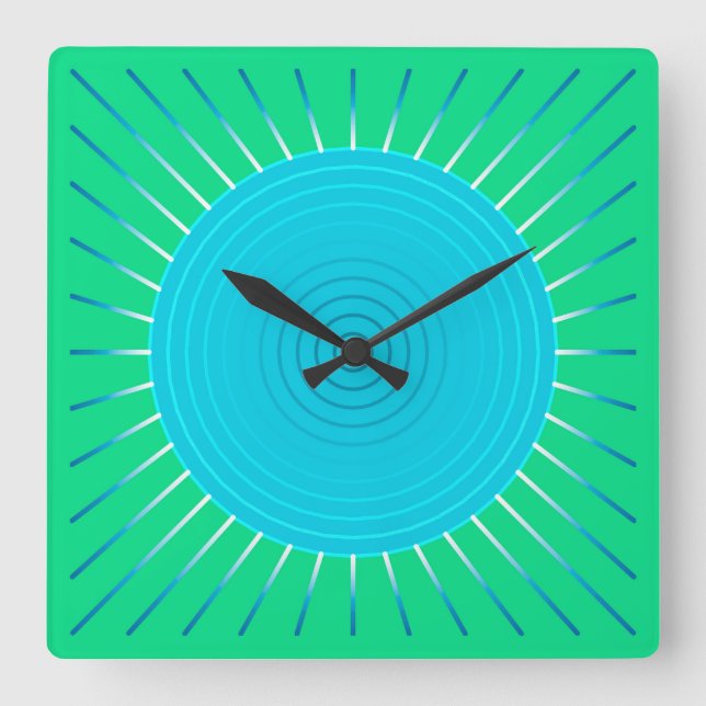 Modern Geometric Sunburst - Blue and Jade Green Square Wall Clock (Front)