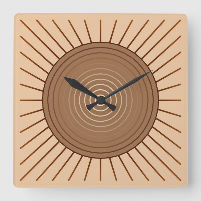 Modern Geometric Sunburst - Brown and Tan Square Wall Clock (Front)