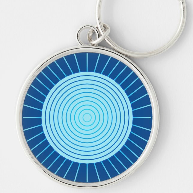 Modern Geometric Sunburst - Cobalt Blue and Aqua Key Ring (Front)