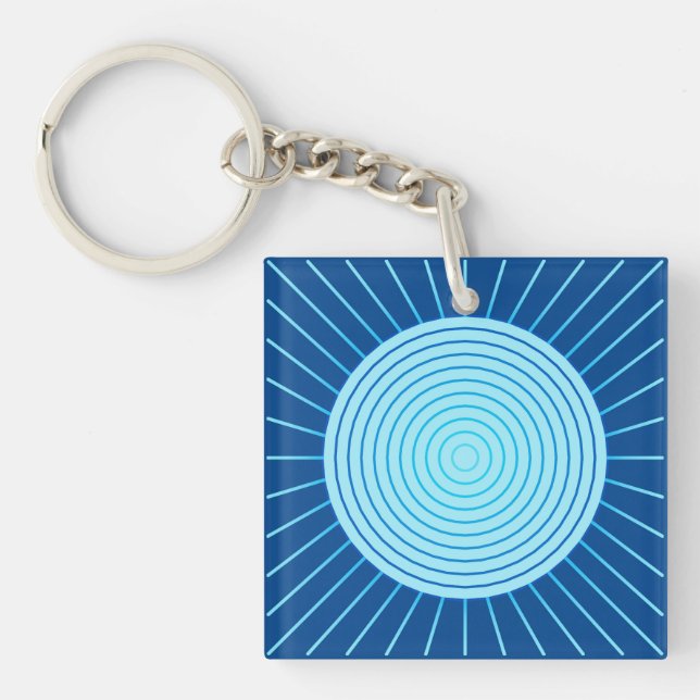 Modern Geometric Sunburst - Cobalt Blue and Aqua Key Ring (Front)