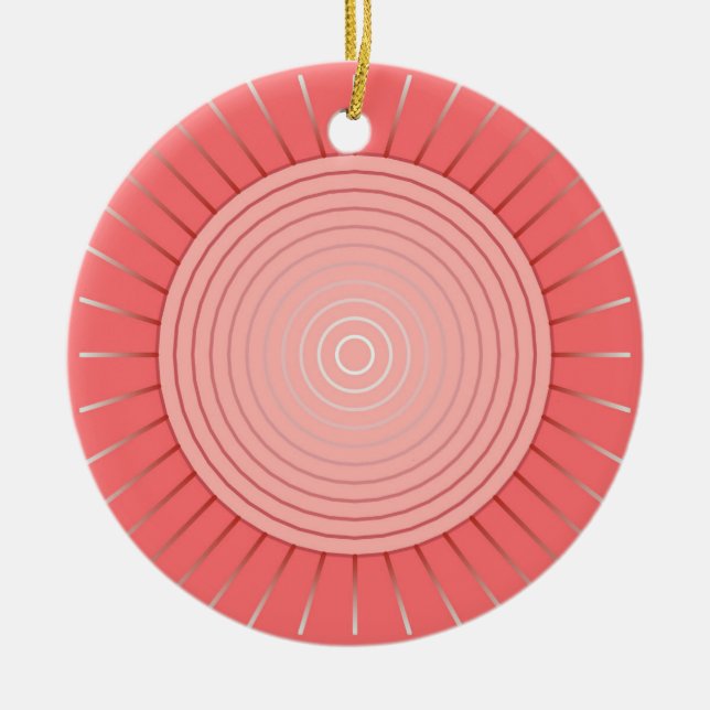 Modern Geometric Sunburst - Deep Coral Pink Ceramic Tree Decoration (Front)