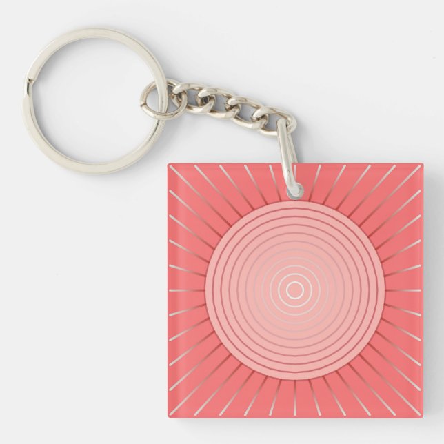 Modern Geometric Sunburst - Deep Coral Pink Key Ring (Front)
