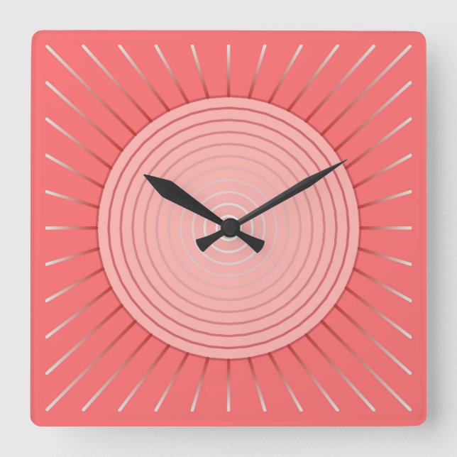 Modern Geometric Sunburst - Deep Coral Pink Square Wall Clock (Front)