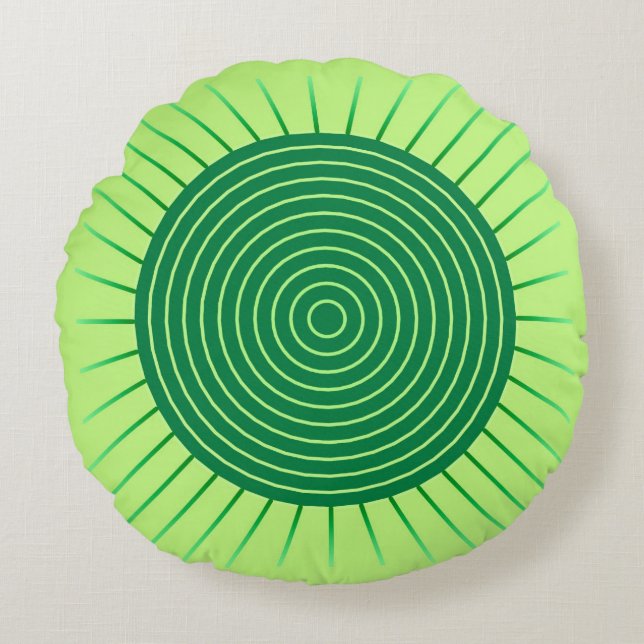 Modern Geometric Sunburst - Emerald Green and Lime Round Cushion (Front)