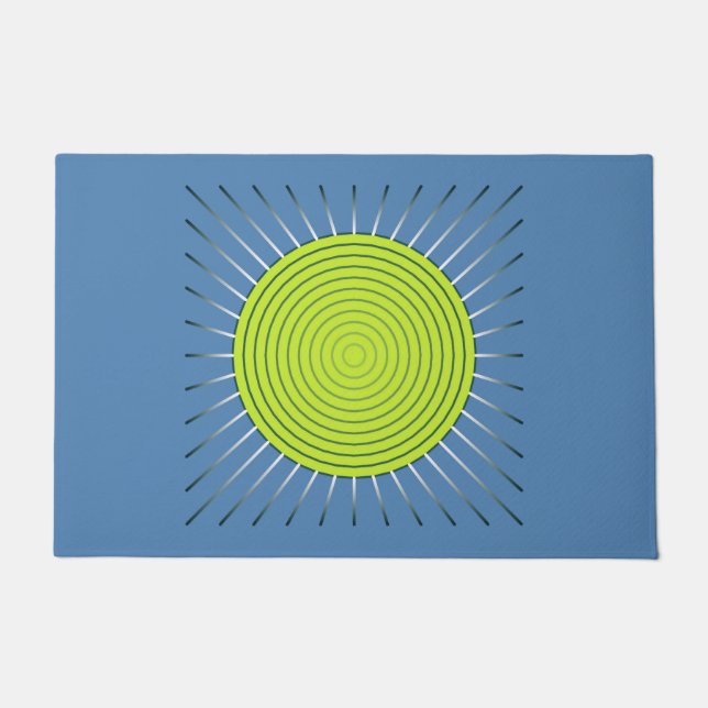 Modern Geometric Sunburst, Lime and Denim Blue Doormat (Front)